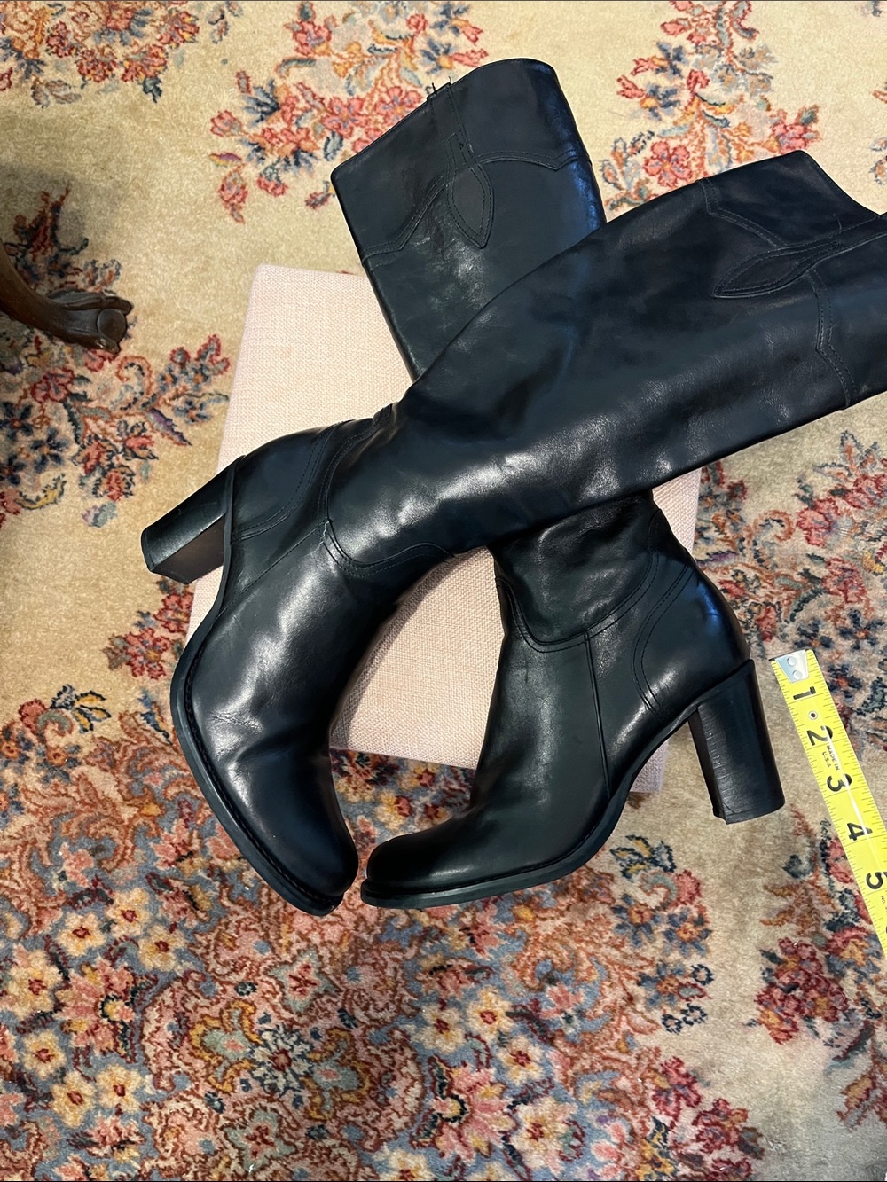 Women’s Black Leather Knee-High Block Heel Boots
